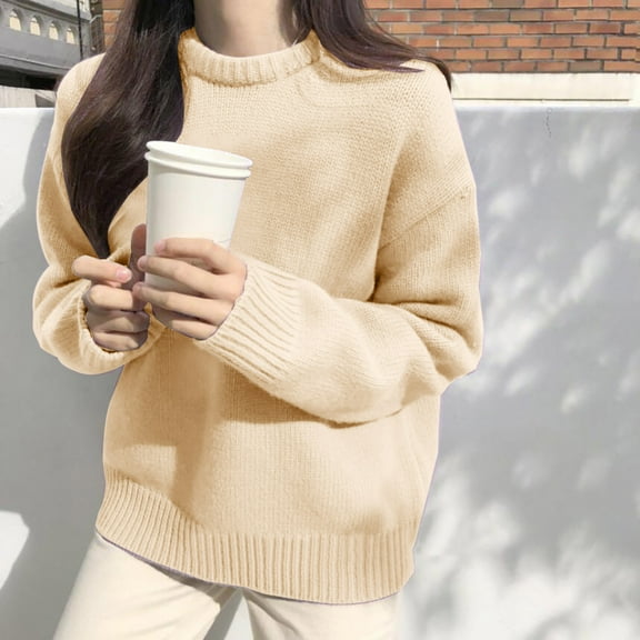 BONIXOOM Womens Sweaters Modern Fit Sweater Pullover Vacation Crew Neck Sweaters For Teen Girls Beige One size