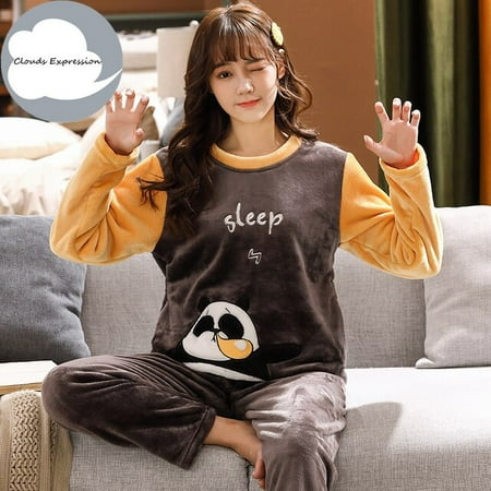 

QWZNDZGR Winter Warm Flannel Women Cartoon Sleepwear Cute Girls Pajamas Fashion Pajama Set Pullover Coral Fleece Pijamas Mujer Homewear
