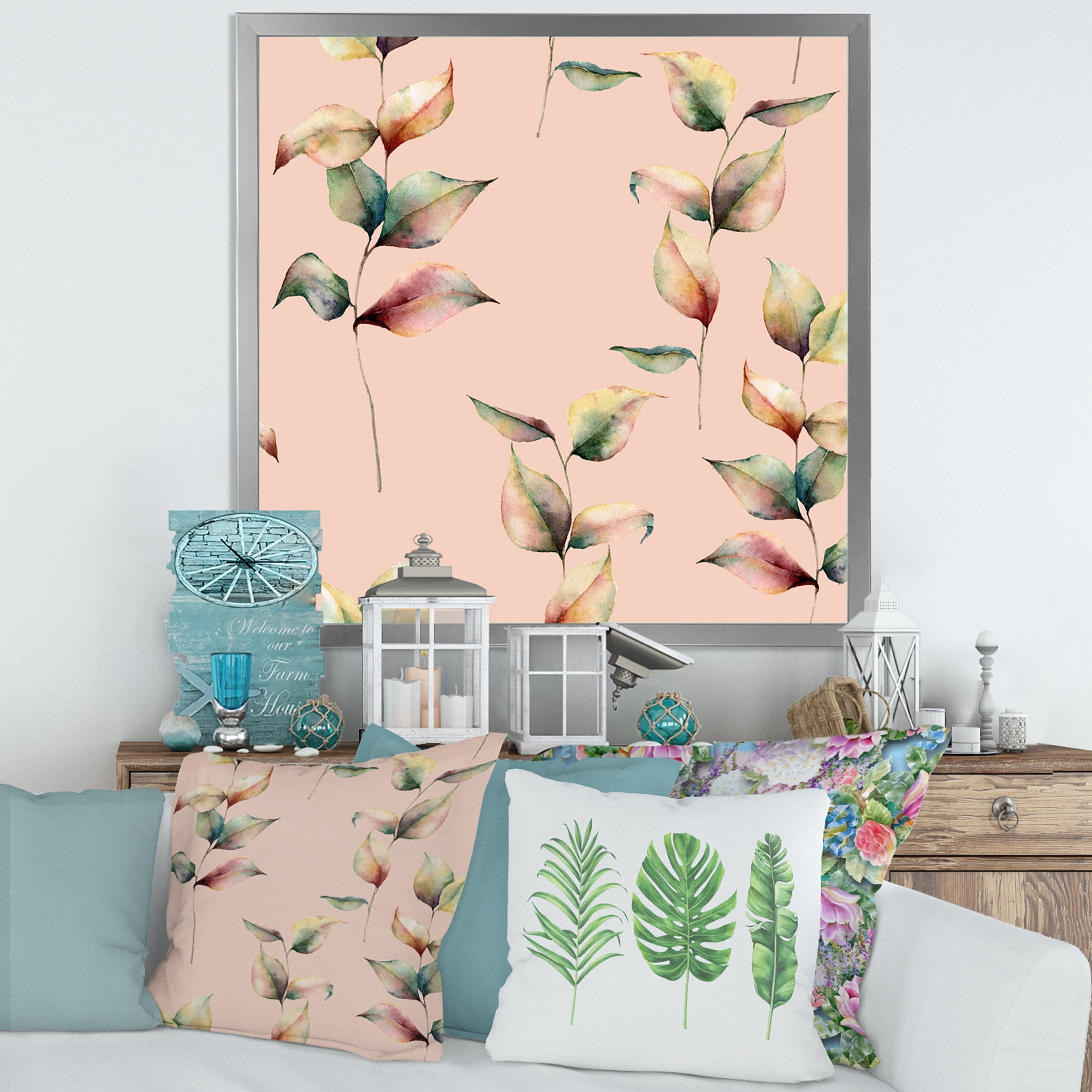 Designart 'Autumn Pink Leaves with Branch On Pastel Colors' Traditional Framed Art Print