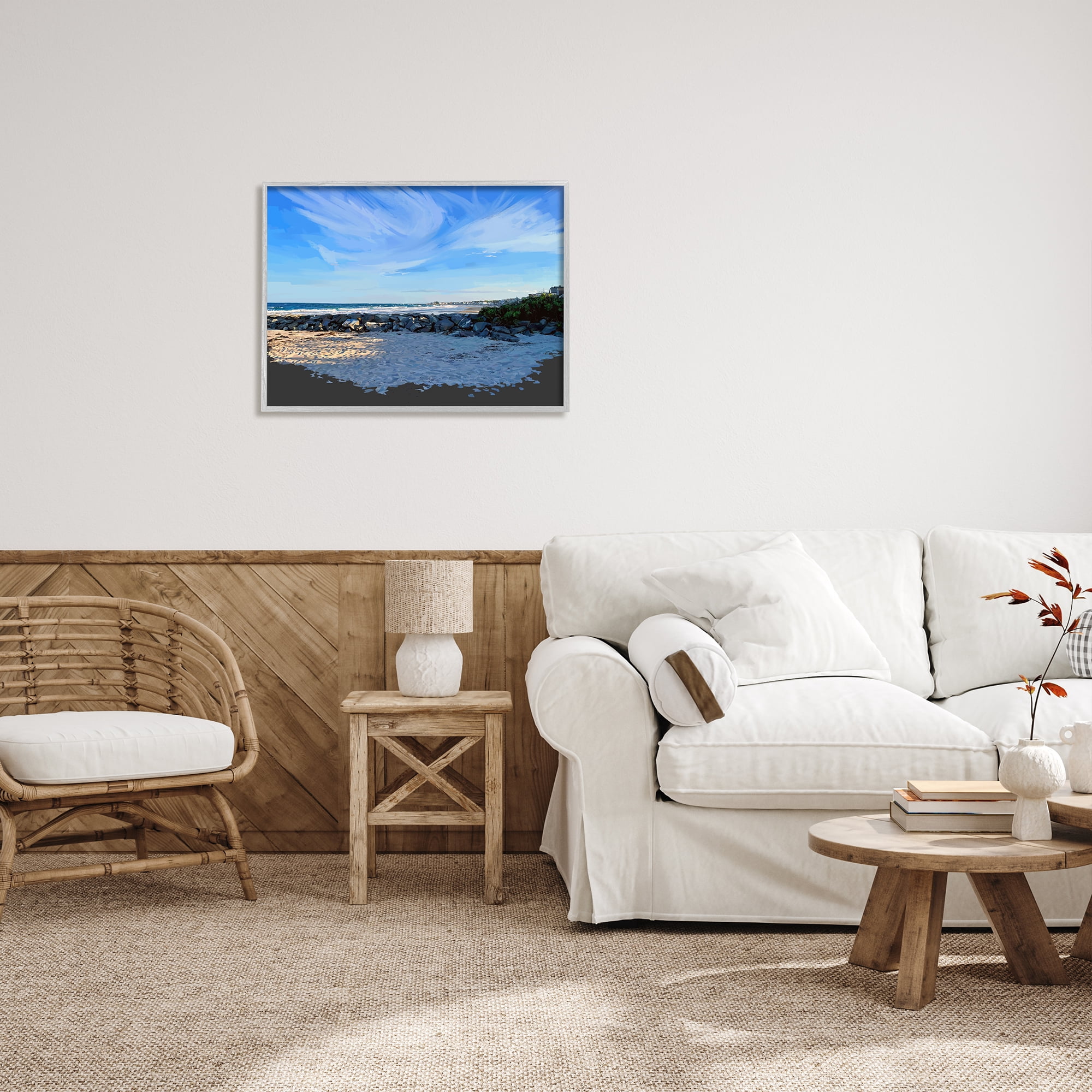 Stupell Rocky Beach Coast Horizon Sky Landscape Painting Gray Framed Art Print Wall Art