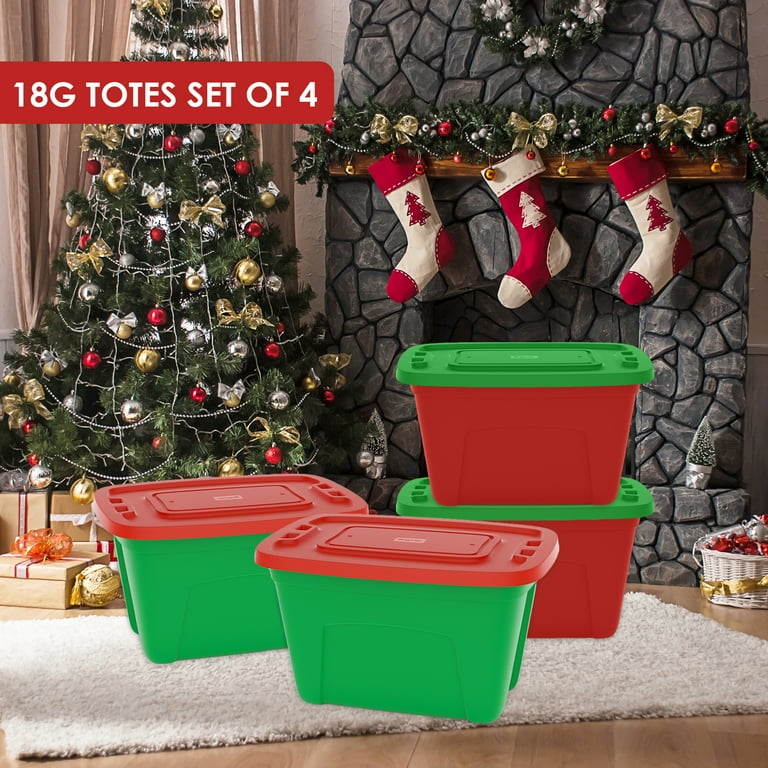 Simplykleen 18-Gallon Reusable Stacking Plastic Storage Containers with Lids, Green/Red (Pack of 4),Holiday Organizer, Stackable Bins, Nestable