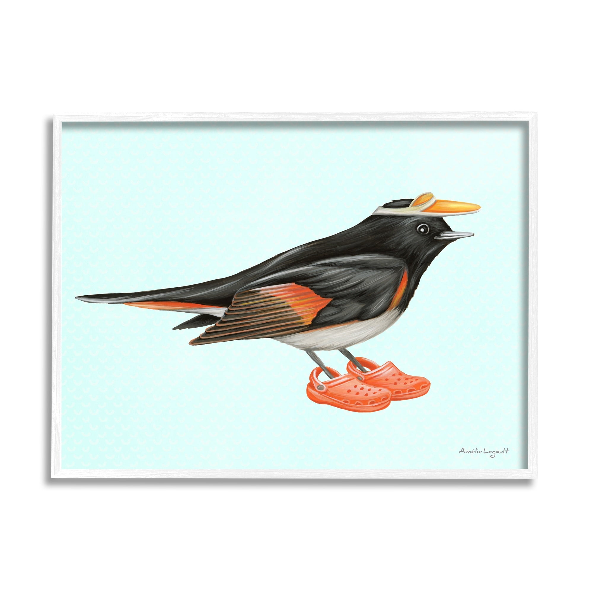 Stupell Industries Black Orange Bird Wearing Rubber Clogs Visor Graphic Art White Framed Art Print Wall Art, Design by Amelie Legault