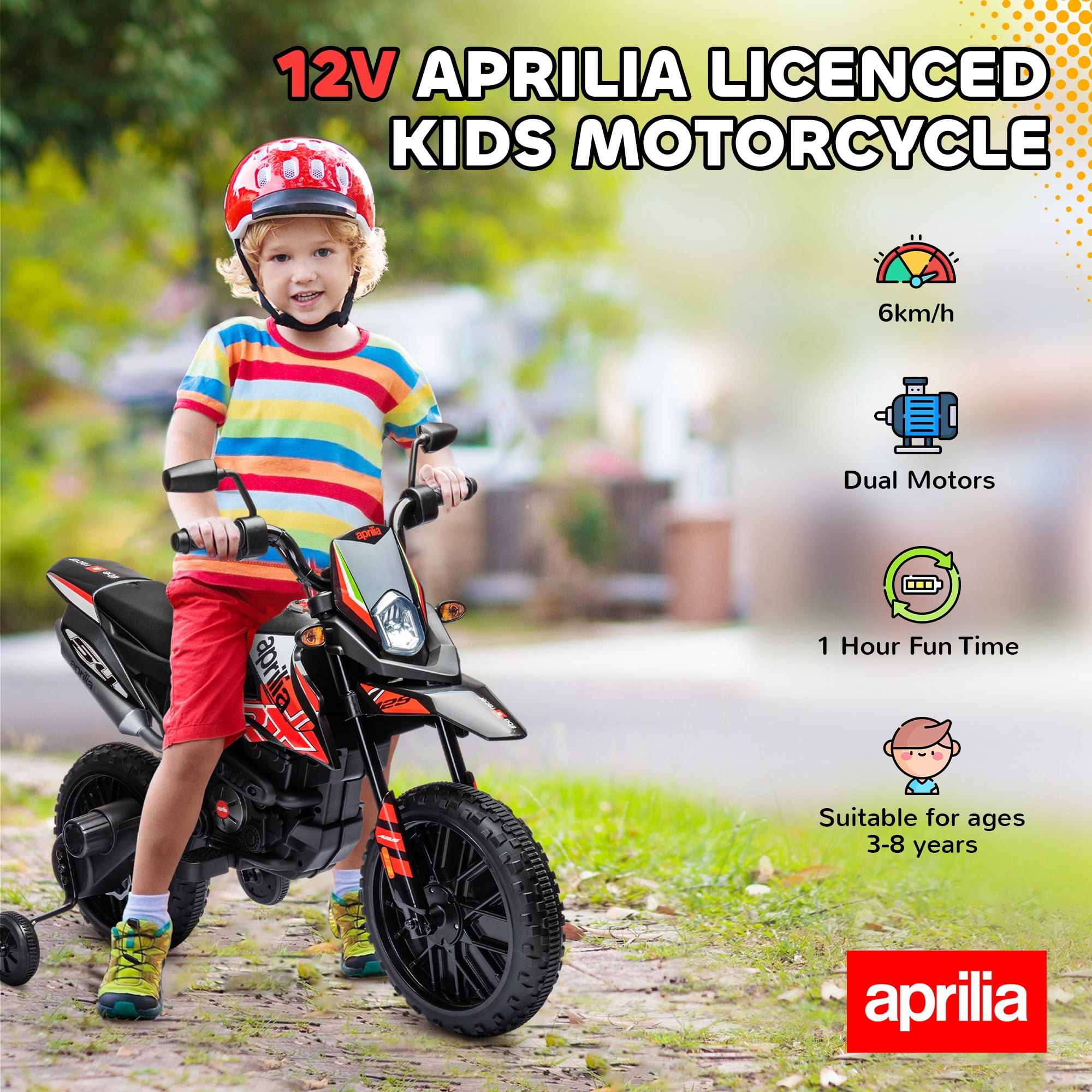 Qaba 12V Kids Motorcycle, Aprilia Licenced Electric Motorcycle for Kids with Training Wheels, Spring Suspension, LED Light, USB, Music, Red