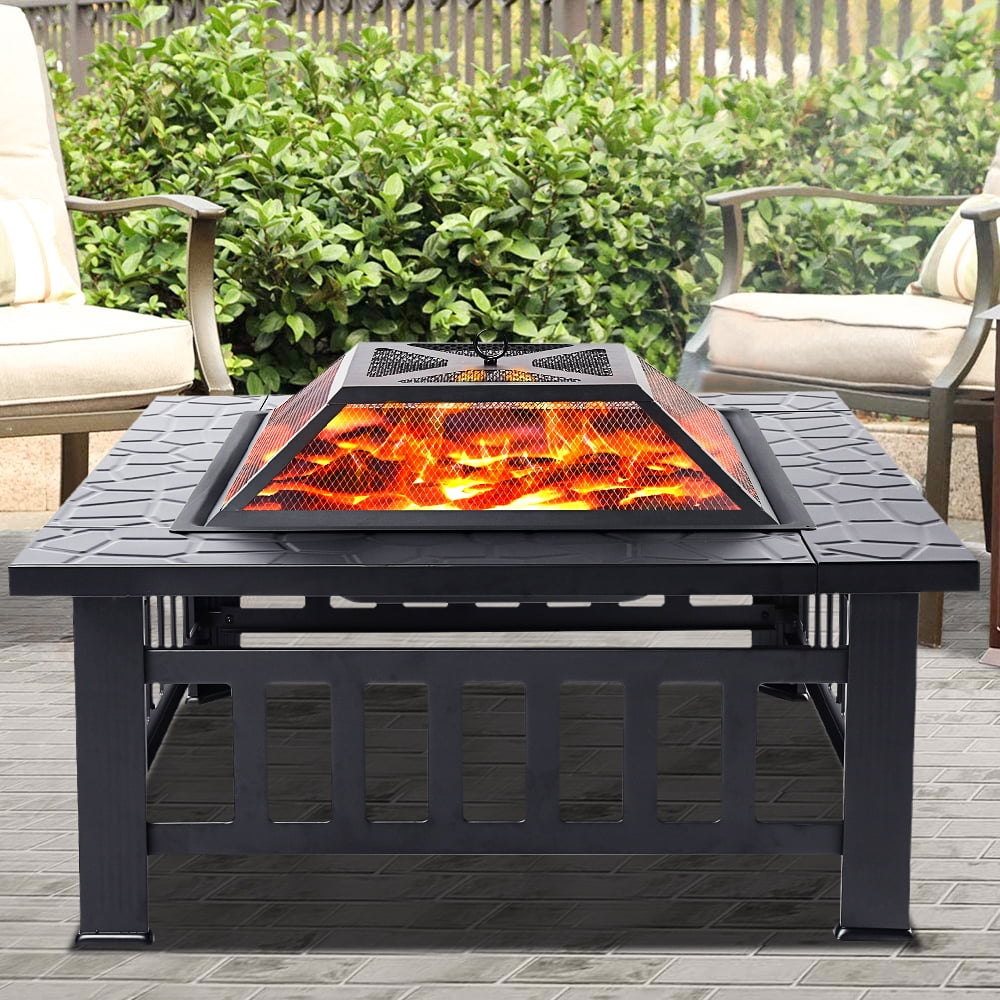 Round Steel Fire Pit With Grill Rack Spark Guard Poker Garden Patio BBQ Heater 