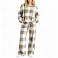 thumbnail image 6 of Two Piece Plaid Set for Women Long Sleeve Crew Neck Tops Wide Leg Pants Fall Winter Thicken Warm Soft Lounge Home Wear (L, Khaki), 6 of 7