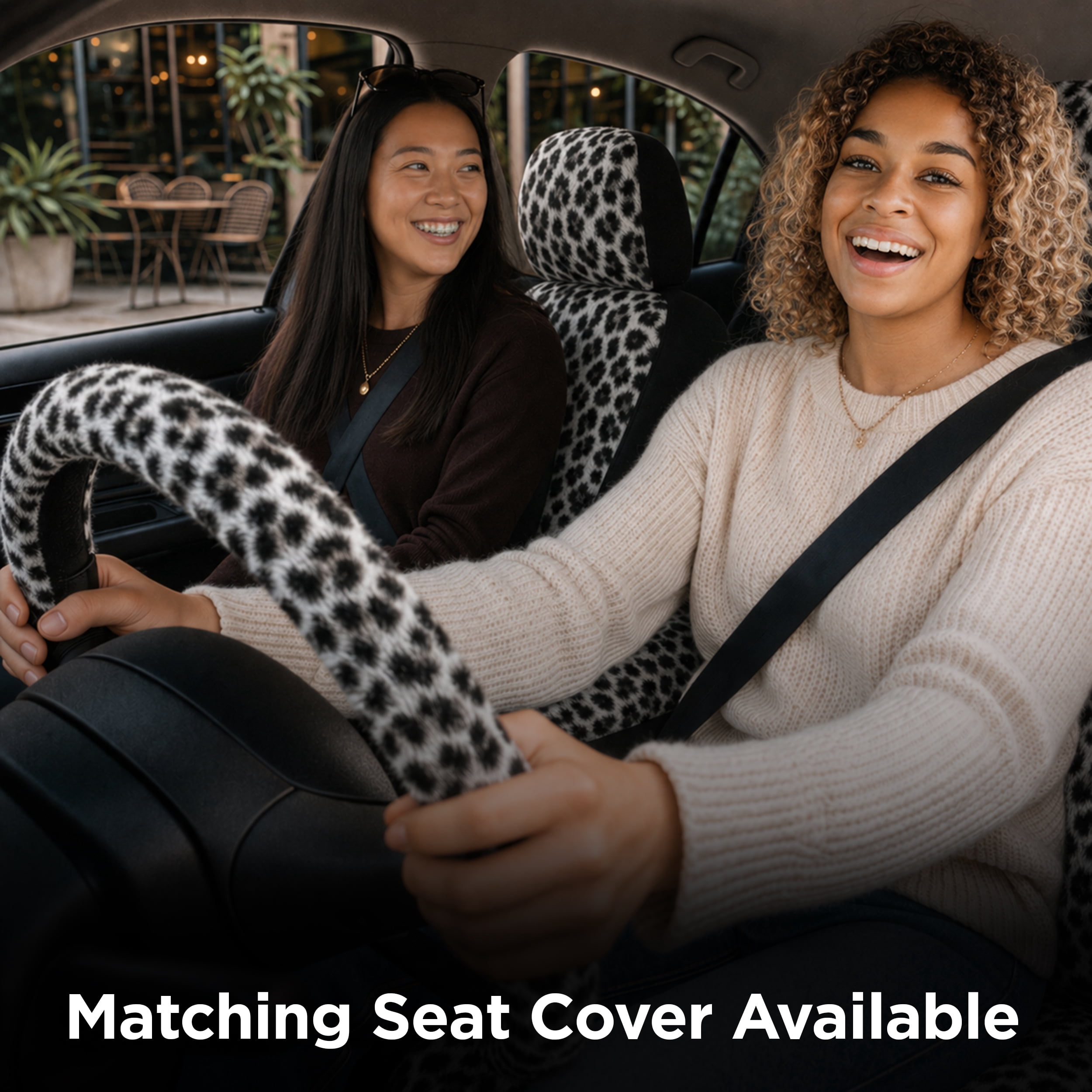 Auto Drive 2-Piece Fur Snow Leopard Seat Covers for Cars, SUVs, and Crossovers