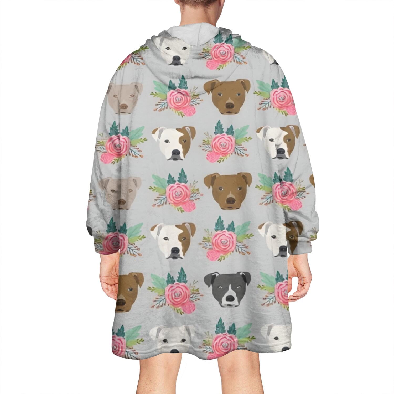 Cute Pitbull Terriers Dog and Flower Wearable Oversized Blanket,Wearable Blanket Hoodie for Adults,Cozy Hooded Blankets with Super Pockets,Super Warm Fuzzy Pullover for Women & Men