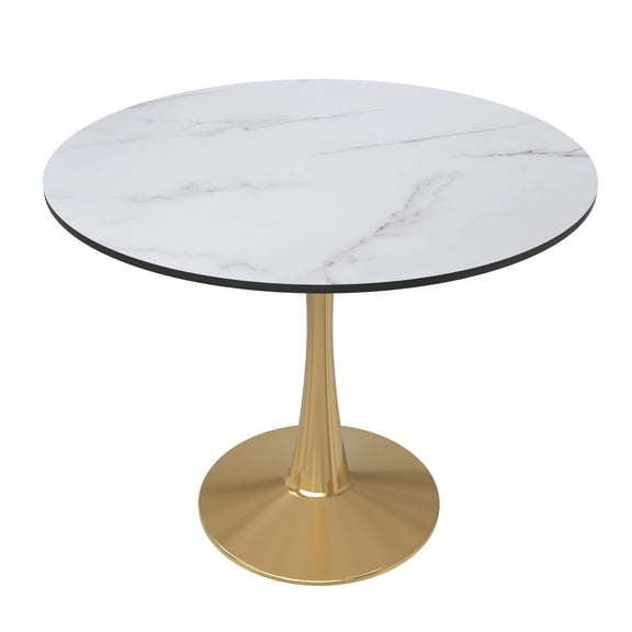 LeisureMod Round Dining Table Modern 35" MDF Wood Tabletop with Gold Steel Pedestal Base for Kitchen and Living Room Bristol Series in Natural Wood