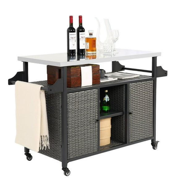 CQSXDA Outdoor Bar Cart With Grey Wicker And Stainless Steel Top, Rolling Storage Island For Patio Kitchen Use