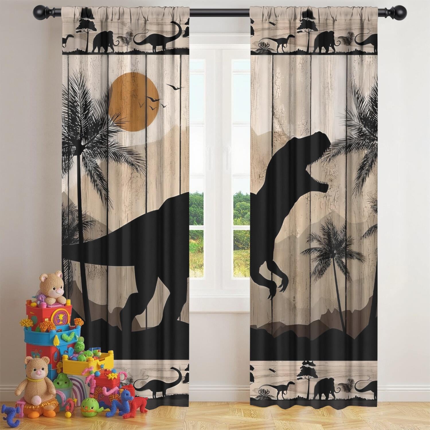 Dinosaur Curtains for Boys Room, Kids Boys Dino Wood Board Rustic Woodland Safari Animals Window Drapes for Baby Kids Room Bedroom Living Room Nursery, Fabric 2 Panels, 42 x 84 Inch