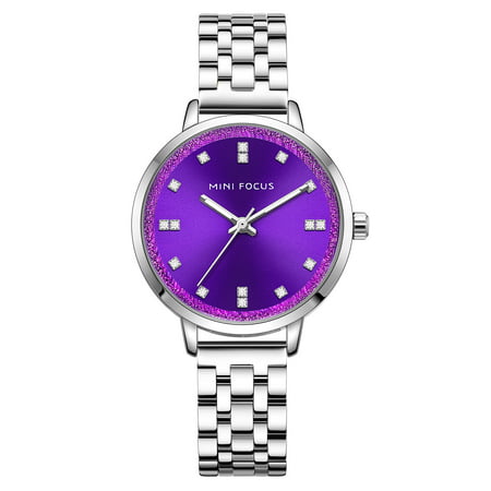 Womens Quartz Watch Purple Dial Solid Steel Belt Rhinestone Scale Hour for Friends Lovers Best Holiday Gift