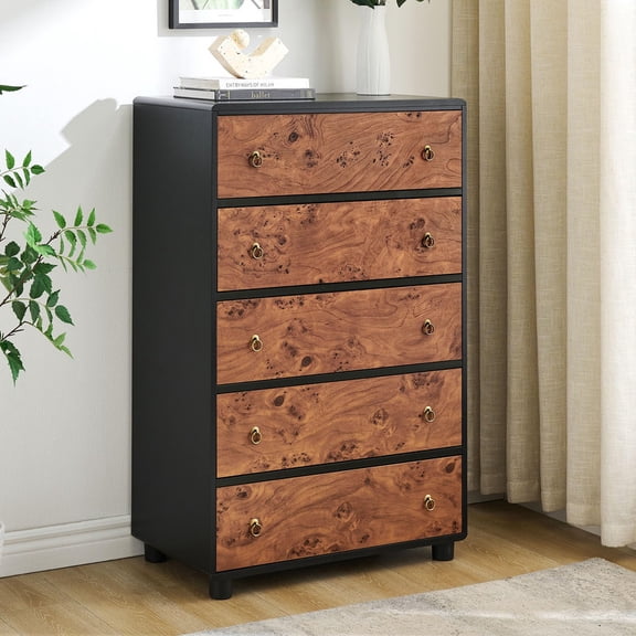 TROPOW 5 Drawers Dresser, Modern Chest of Drawers with Natural Texture, Curved Profile Design, Dresser TV Stand, Wood Drawer Organizer for Bedroom, Living Room, Hallway