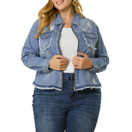 Agnes Orinda Women's Plus Size Denim Chest Pocket Frayed Hem Crop Jean ...