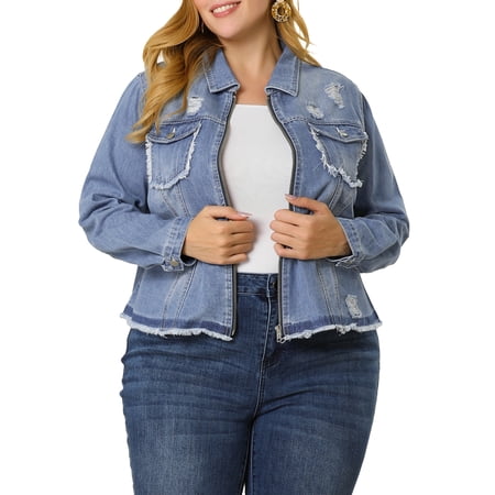 Women Plus Size Denim Collarless Chest Pockets Button Down Crop Jean Jacket main image 0
