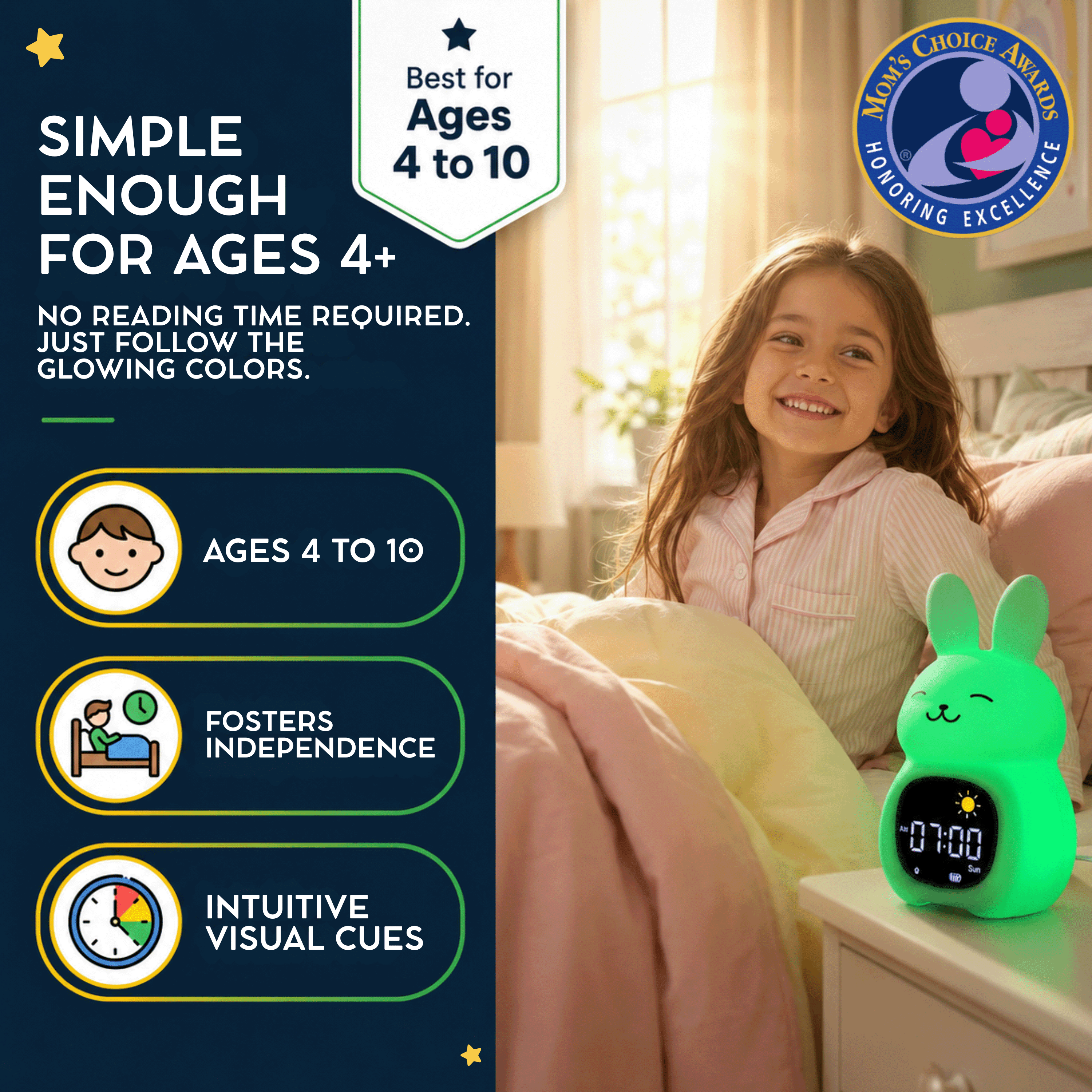 Bumble & Bright Kids Alarm Clock – App-Controlled Sleep Trainer with 8 Night-Light Colors, 6 Soothing Sounds & Backup Battery – USB-C Corded Bunny Clock for Boys & Girls