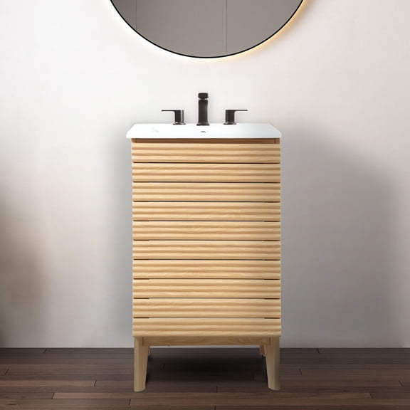 JONATHAN Y Calandre 20 in. W x 18 in. D x 33 in. H, Thin Linear Slat 2-Shelf, Bath Vanity Cabinet ONLY, Oak, VAN1004A