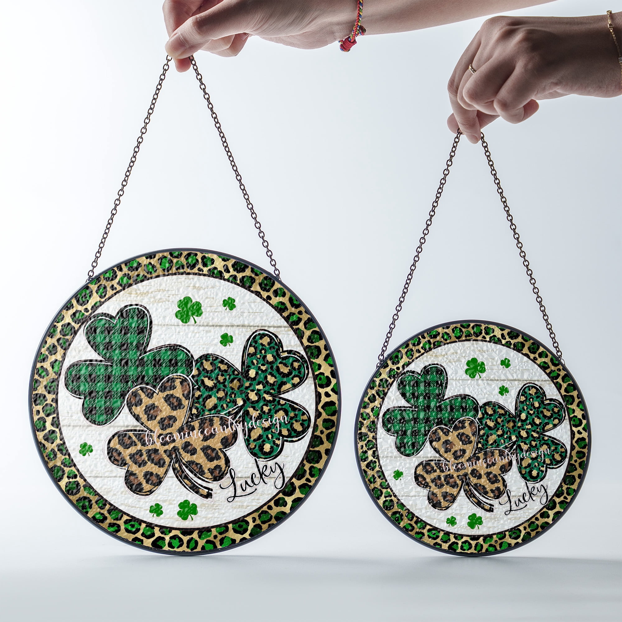 Shamrocks Faux Stained Glass Suncatcher Window Hanging Decor St Patricks Green Gold