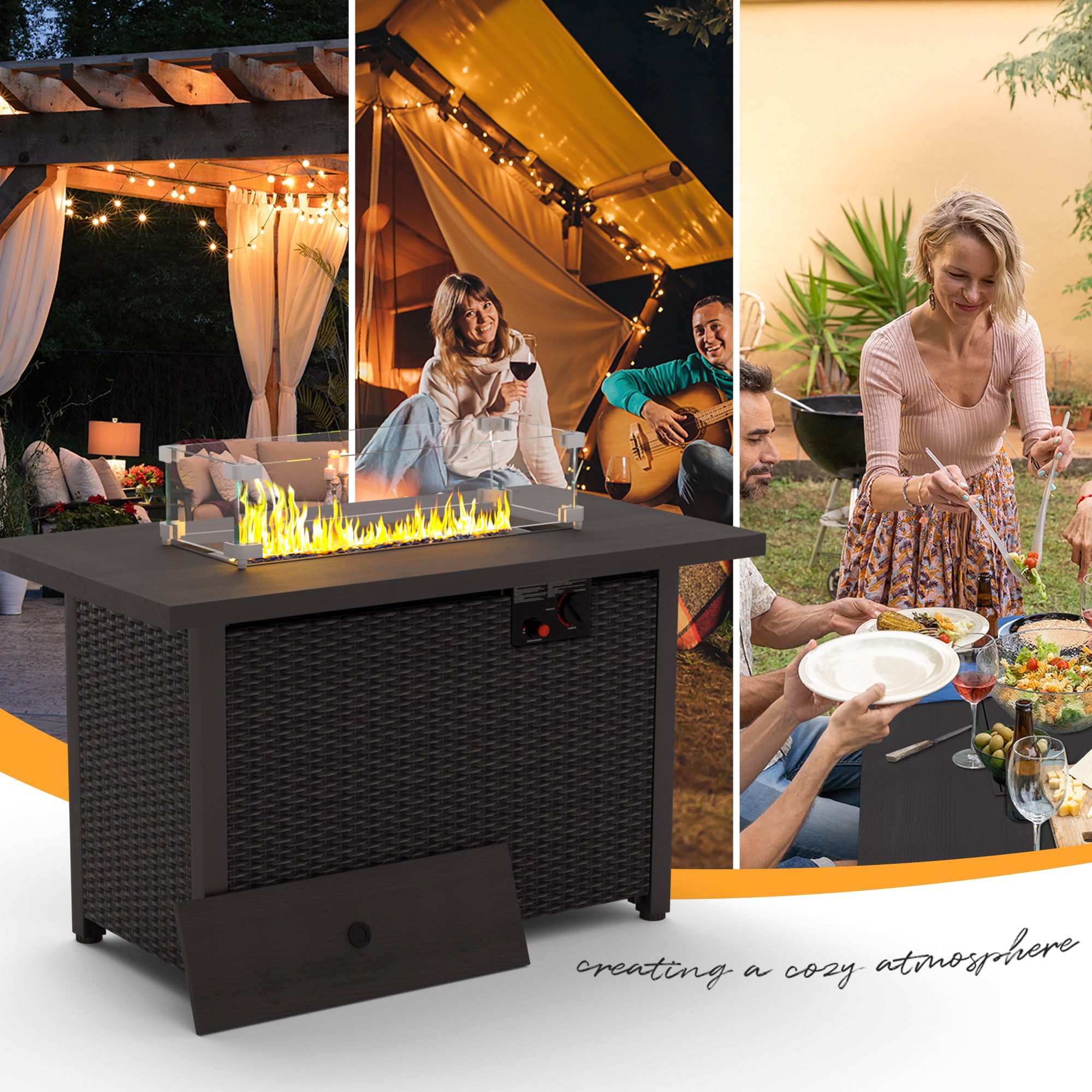 42" Propane Fire Pit Table 50,000 BTU Steel Gas Fire Pit with Rain Cover, Glass Rock and Steel Lid for Outside