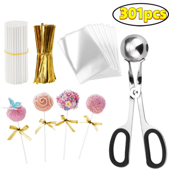 Wrapping Kit,100pcs Small Cake Pop Bags 100pcs Paper Lollipop Sticks 100pcs Gold Twist Ties,1 Cake Pop Mold