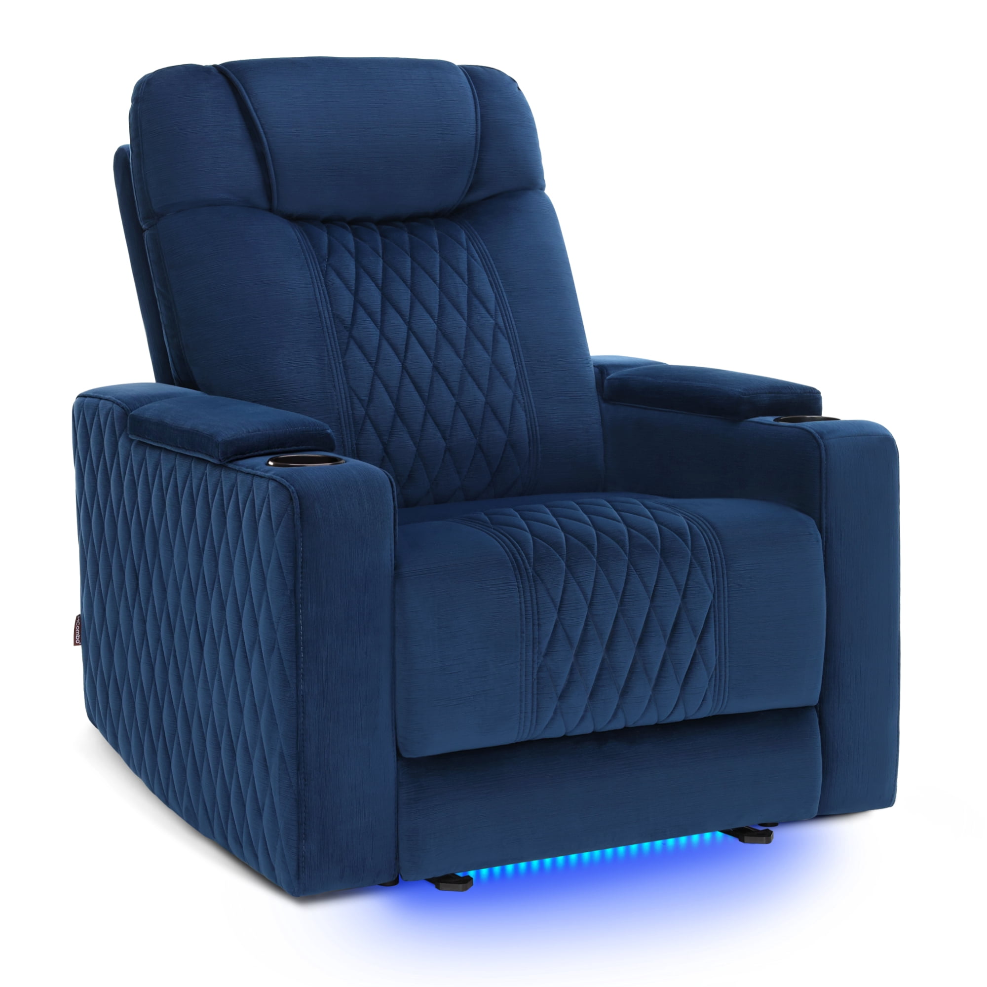 MCombo Power Recliner Chair with Power Headrest, LED Light, Armrest Storage for Living Room & Home Theater, Velvet, Blue