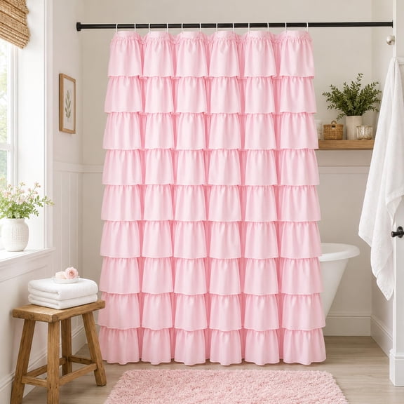 Pink 72"W x 72"L (Pack of 1) Ruffle Fabric Bathroom Shower Curtain