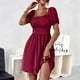 thumbnail image 2 of Vestido con ribete de volantes fruncidos y manga abullonada con lazo en la espalda Vestido corto con cuello cuadrado y línea A para verano Borgoña M, 2 of 6
