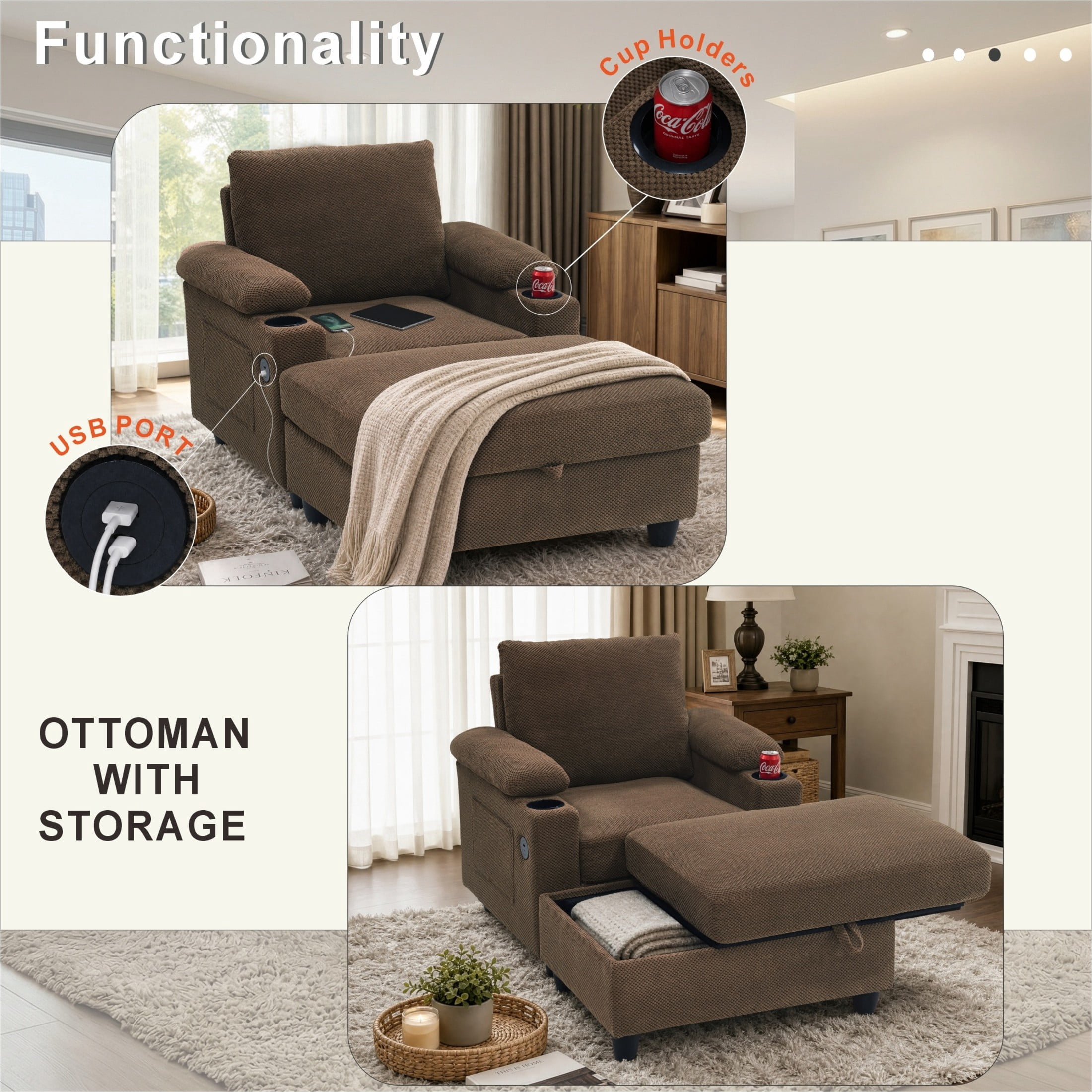 GDF Studio Abriel Accent Chair with Storage Ottoman, USB Ports & Cup Holders, Versatile Chaise Lounge, Coffee