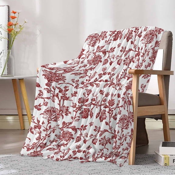 Fleece Blanket Red Pastoral Flower Blankets, Soft Cozy Warm Flannel Throw Blanket, Vintage Rustic Farmhouse Floral Blanket for Bed Couch Sofa,30x40In