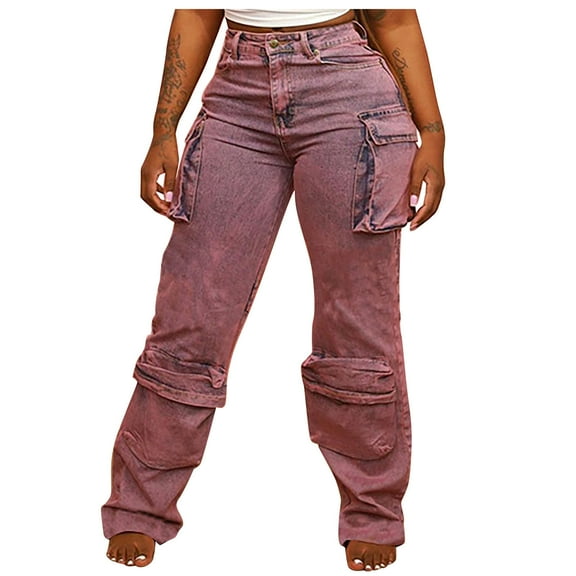 YYDGH Women's Cargo Pants Y2K High Waisted Baggy Jeans Flap Pocket Wide Leg Denim Pants Streetwear Pink S