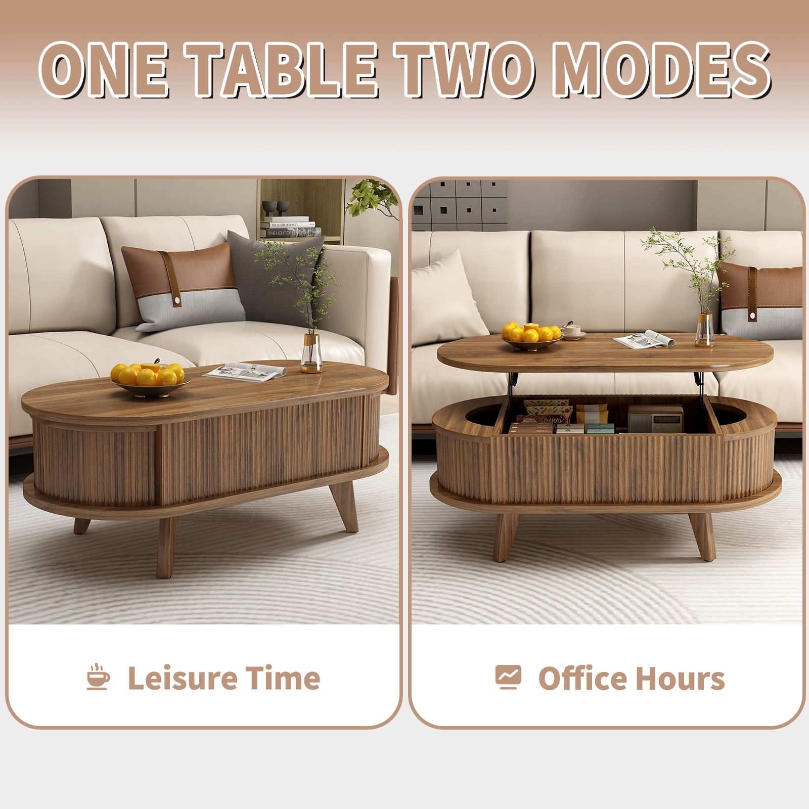 Fluted Li Ft Top Coffee Table with Hidden Compartment, Wooden Center Table, Modern Oval Li Ft Tabletop for Home Living Room Office