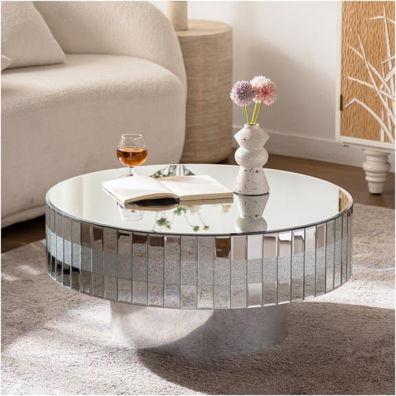 JERFIT 30.91 inch Round Silver Mirror Coffee Table with Crushed Diamond Top, Modern Luxury Glass Center Table for Living Room Decor