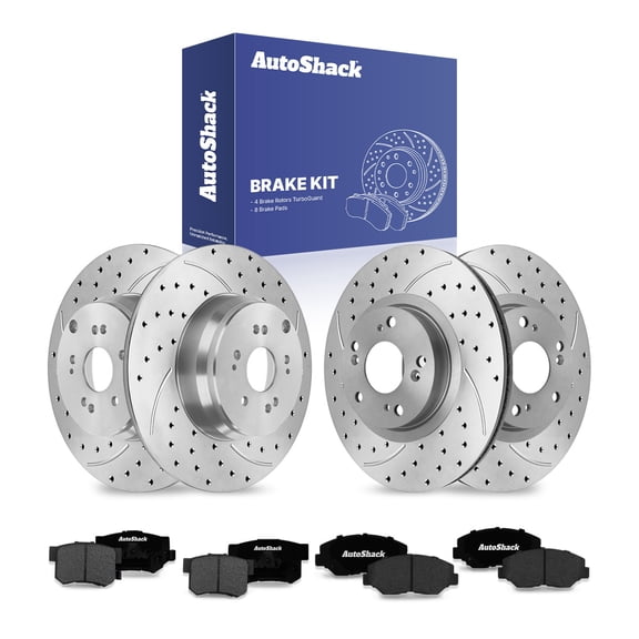 AutoShack Front & Rear Drilled & Slotted Brake Rotors Ceramic Brake Pads | Replacement for 2005-2006 Honda CR-V 2.4L 4WD FWD | Silver Matte Finish | 12-PC Brake Kit | TurboGuard