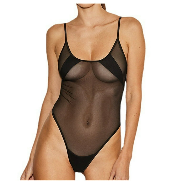 Women's Mesh See Through High Cut Thong Bodysuit Swimsuit and Lingerie