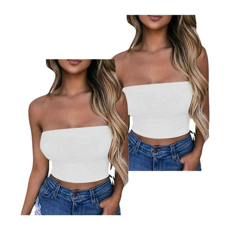 Lovskoo Womens 2 Pack Tube Tops Crop Tops Going Out Strapless Basic Backless Bandeau Bra Summer Outfits 2024 Y2K Clothes White + White