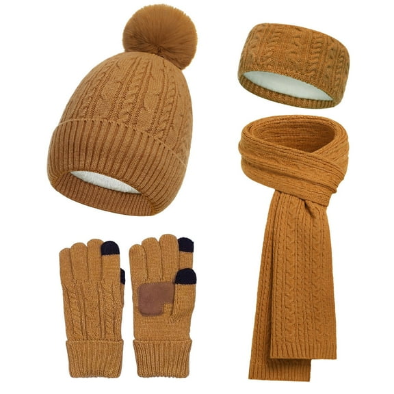 SYMOID Womens Yellow Wool Winter 4-Piece Accessory Set: Beanie, Scarf, Touchscreen Gloves, Headband - Fleece-Lined, Classic Cable Knit, Faux Faux Fur Pom-Pom,Size Free Size