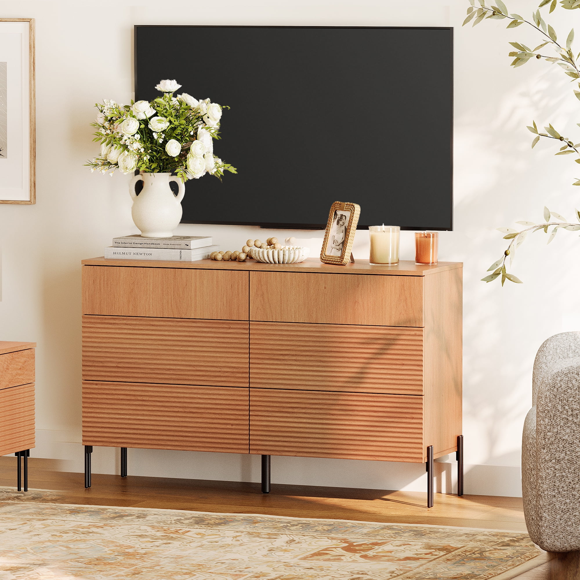 47.2" Modern 6 Drawer Dresser TV Stand For 55 Inch TV, Entertainment Center With Minimalist Reeded Design, Wood TV Console With Storage For Living Room