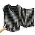thumbnail image 3 of Tqcoqu Women's Striped 2 Piece Pajama Set,V Neck Sleeveless with Built In Bra Tank Top & Elastic Waist Shorts,Soft Loungewear Sleepwear Outfit Set,Black Women's XL-XXL, 3 of 5