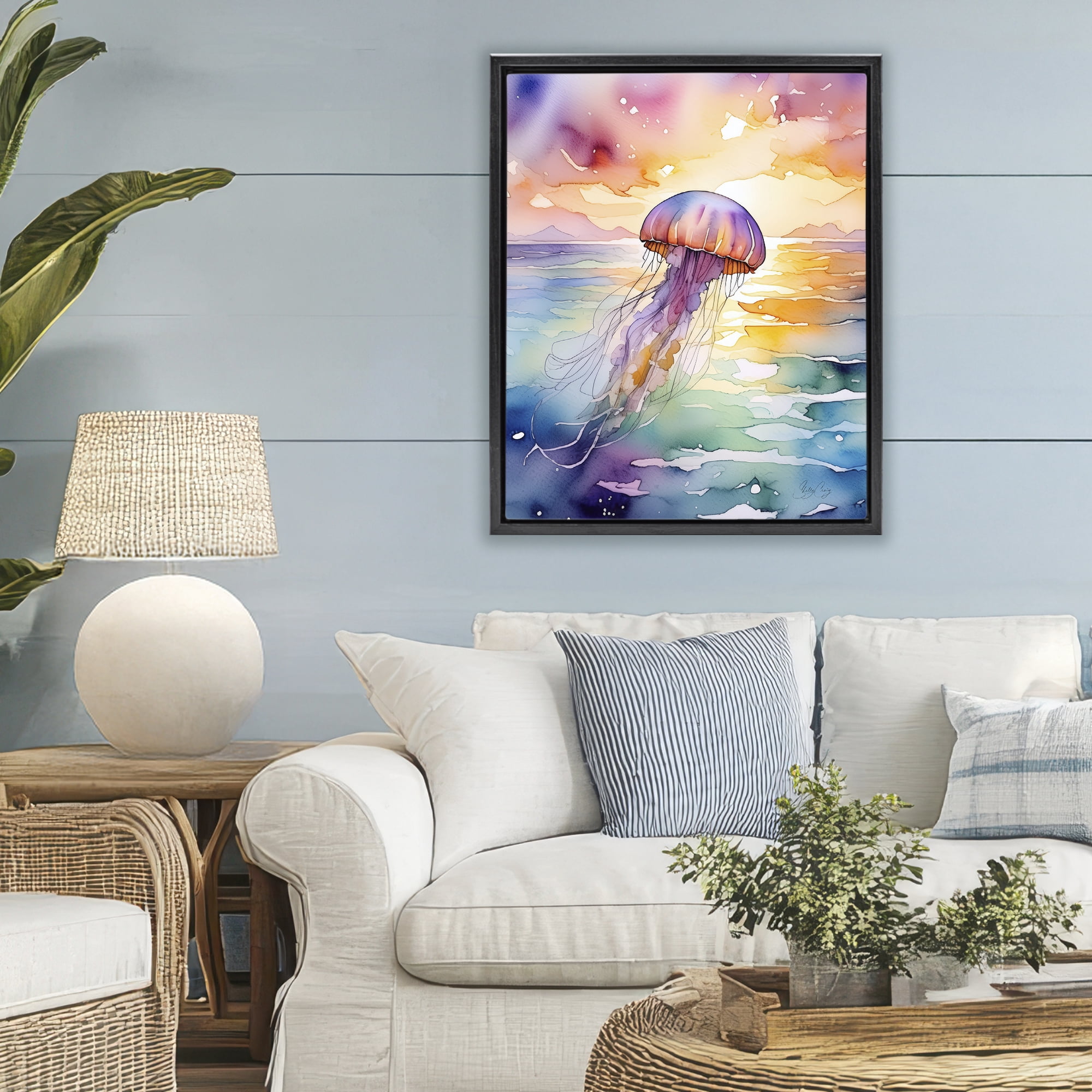 Stupell Industries Celestial Drift Jellyfish Black Framed Floater Canvas Wall Art, design by Shelly Craig