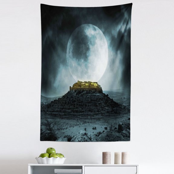Night Sky Tapestry, Big Full Moon over a Fantasy Castle on Hill Clouds Rocks Valley View, Fabric Wall Hanging Decor for Bedroom Living Room Dorm, 5 Sizes, Green Black Slate Blue, by Ambesonne