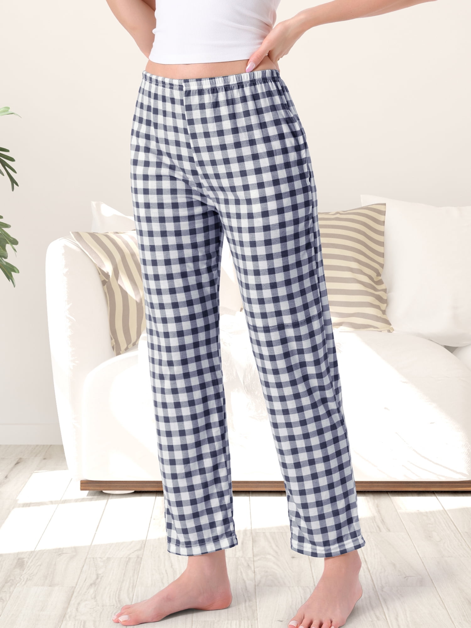 DARING DIVA Women's Plaid Elastic Waist with Pockets Long Lounge Bottoms XS Blue Plaid