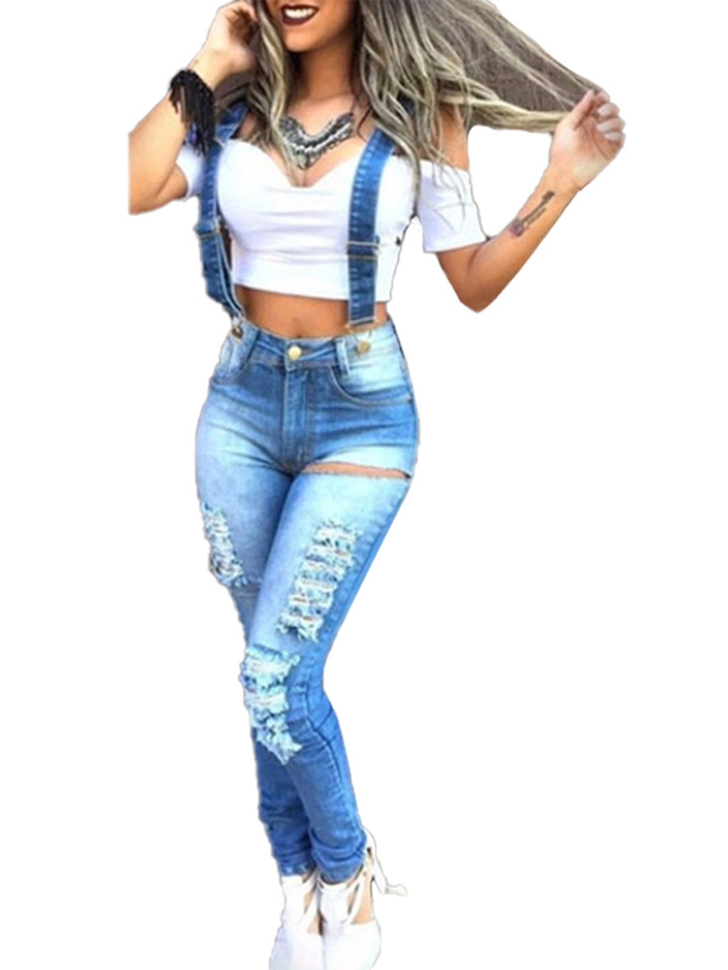 slim ripped denim overalls