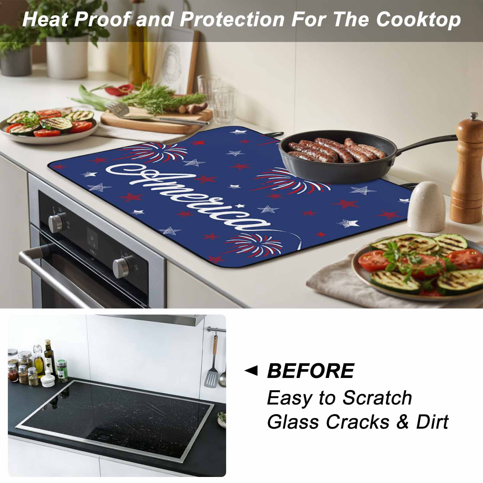 American Independence Day Stove Top Cover for Electric Stove, Heat-proof & Non Slip Glass Top Stove Cover Protector, Red Blue Fireworks Retro Stars Kitchen Flat Cooktop Rubber Mat 24x21 Inches