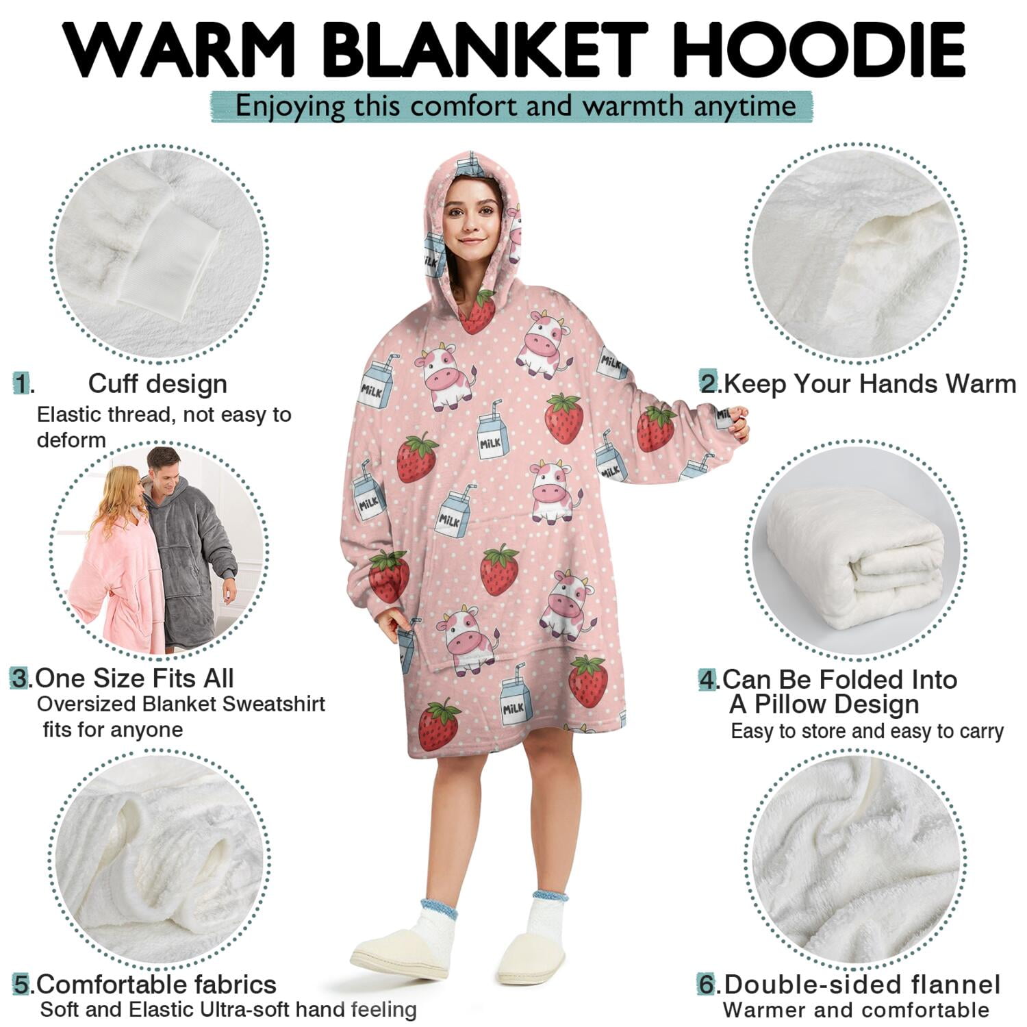 Wearable Oversized Blanket,Pink Cow Strawberry Milk Pattern Wearable Blanket Hoodie for Adults,Cozy Hooded Blankets with Super Pockets,Super Warm Fuzzy Pullover for Women & Men