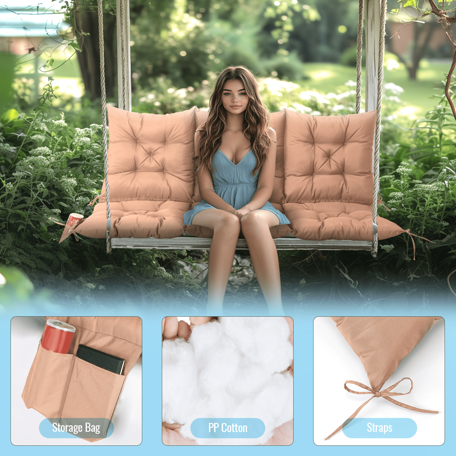 Outdoor Bench Cushion Inlife Swing Chair Cushion Waterproof Sun-Resistant with 8 Nonslip Ties, Khaki 150cm*100cm