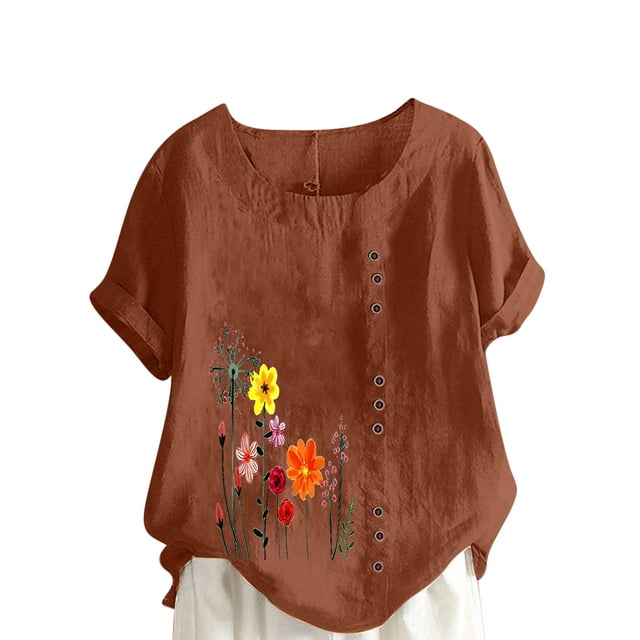 Cameland Hauts pour Femmes Col Rond Manches Courtes Imprimé Floral Chemise Ample