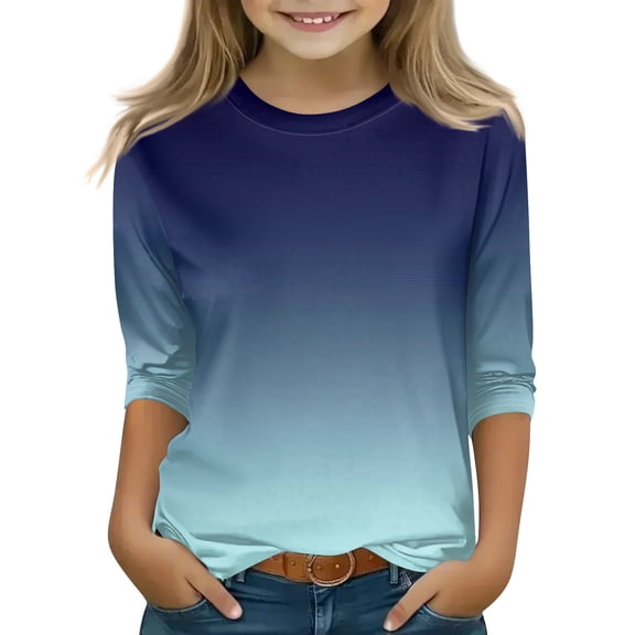 Abcomgle Girls Tshirts 8-10 Years Old Crewneck Gradient Toddler T-Shirt 3/4 Sleeve Tshirt Summer Cute Cotton Tops