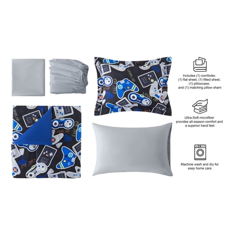 YOUR ZONE GLOW IN THE DARK 5-PIECE GAMER BEDDING SET FOR KIDS WITH FABRIC STORAGE BAG, TWIN