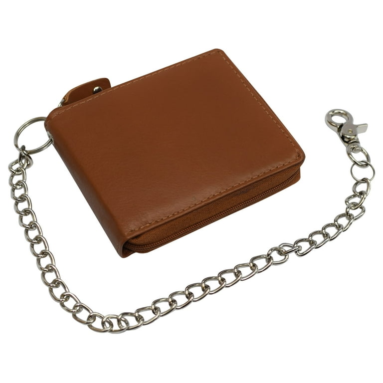 Men Biker Trucker Cow Leather Zip around Bi fold RFID Chain Wallet Western Style Khaki Tan Chain Wallet