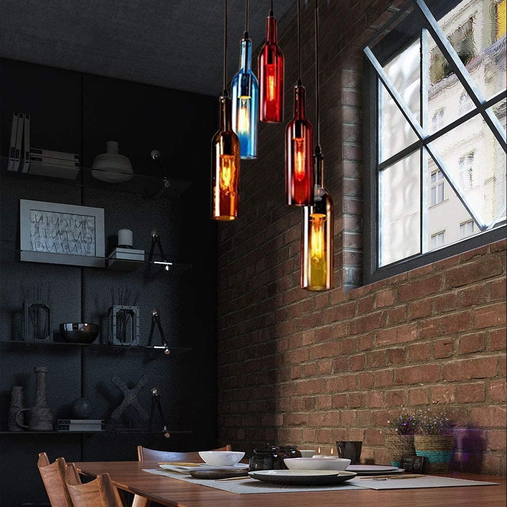 FETCOI Color Glass Beer Bottle Chandelier 5 Heads Glass and Metal Suspension Device Ceiling Glass Ceiling Light Fixture Chandelier(Round)