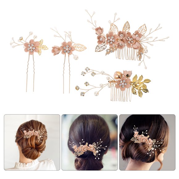 BESTYASH 4Pcs Braut Hochzeit Haarkamm Pink Bridal Hair Accessories Set